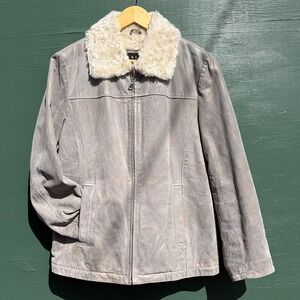 Winlit Silver Shimmer Leather Shearling‎ Jacket Grey Y2K Metallic Suede Small